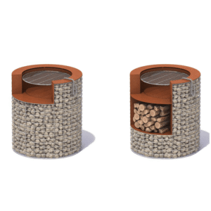 Steel barbecue with grill and wood storage space.