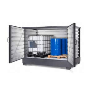 Outdoor storage container for storing hazardous chemical.